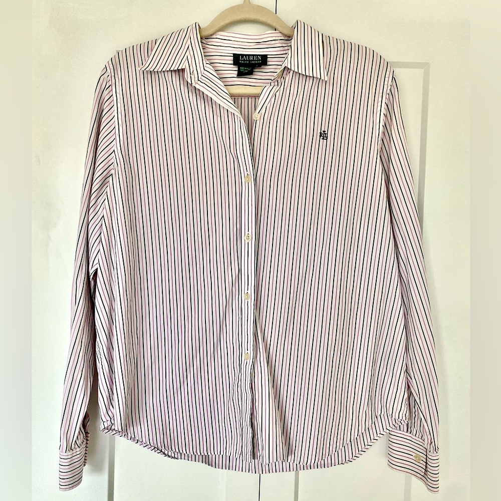 Ralph Lauren Black and Pink Pinstripe Cotton Button Up size Large